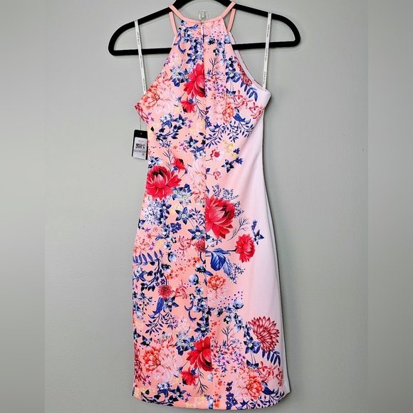 GUESS Women's Coral Multi Floral Print Halter Keyhole Lined Sheath Dress, Size 0 - Picture 9 of 13